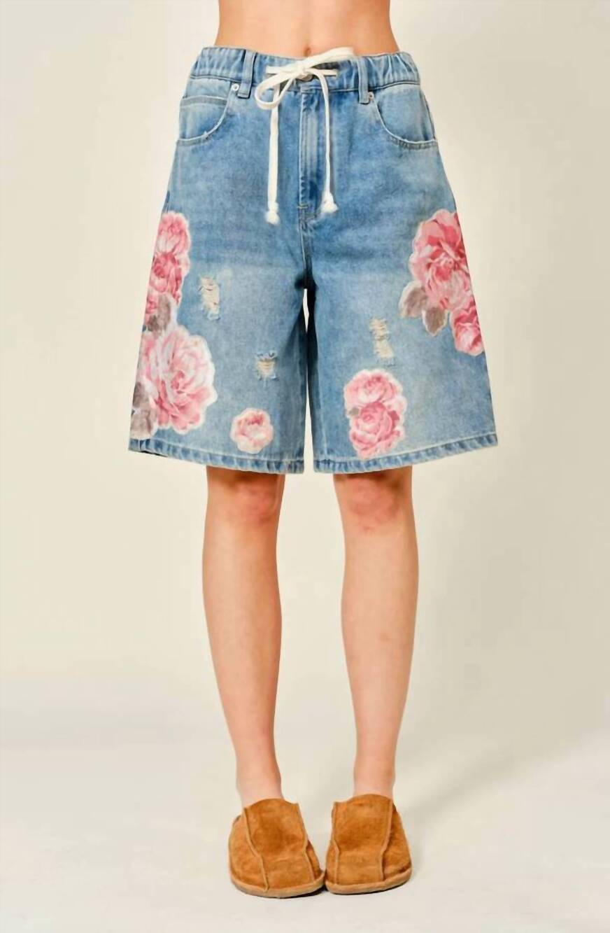 NEW AARON & AMBER women's flower patch bermuda denim shorts in blue